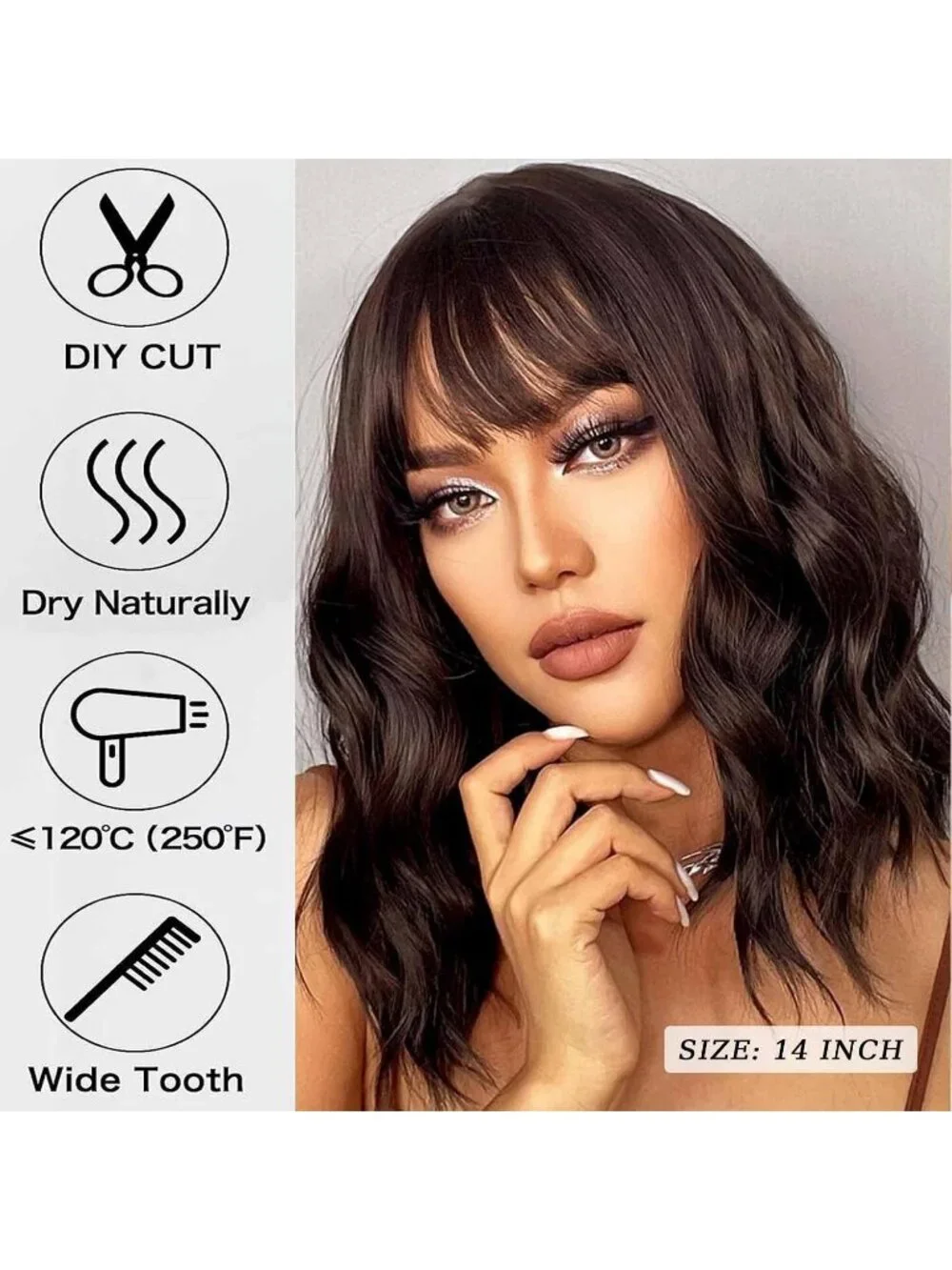 Women's Brown 14 Inch Heat Resistant Short Bangs Bob Modern Wavy Wigs